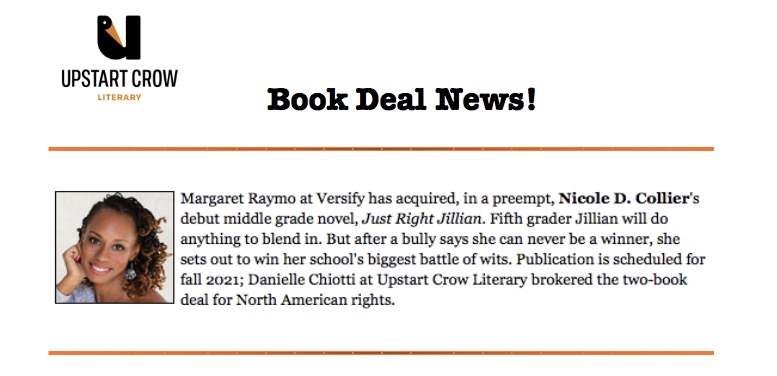 Announcement of author's publishing deal.