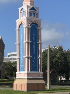 City of St. Petersburg welcome monument. Tall, blue figure with pink tiles.